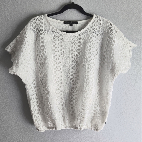 KAMISETA White Lace Lined Blouse Short Sleeves And Elastic Hem Size Large - Picture 1 of 9